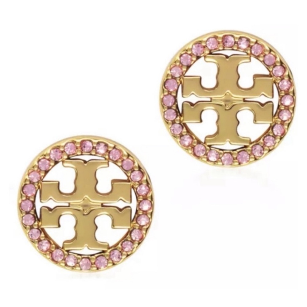 TORY BURCH • Crystal Circle Logo Miller Pink Crystals Earrings